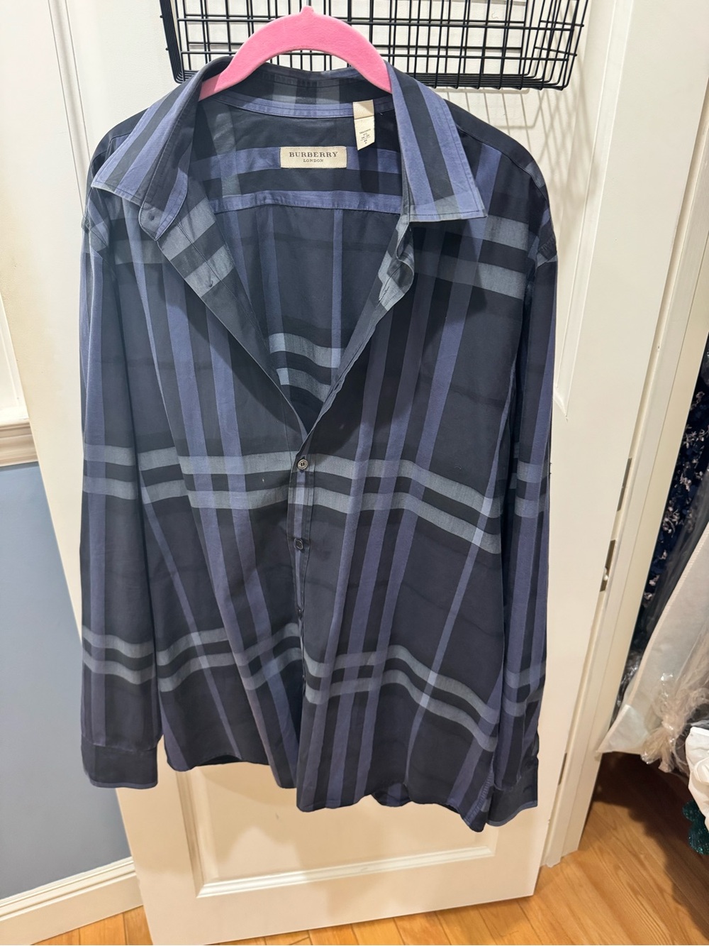 Burberry Men's Dark Navy and Light Blue Plaid Button-Down Shirt